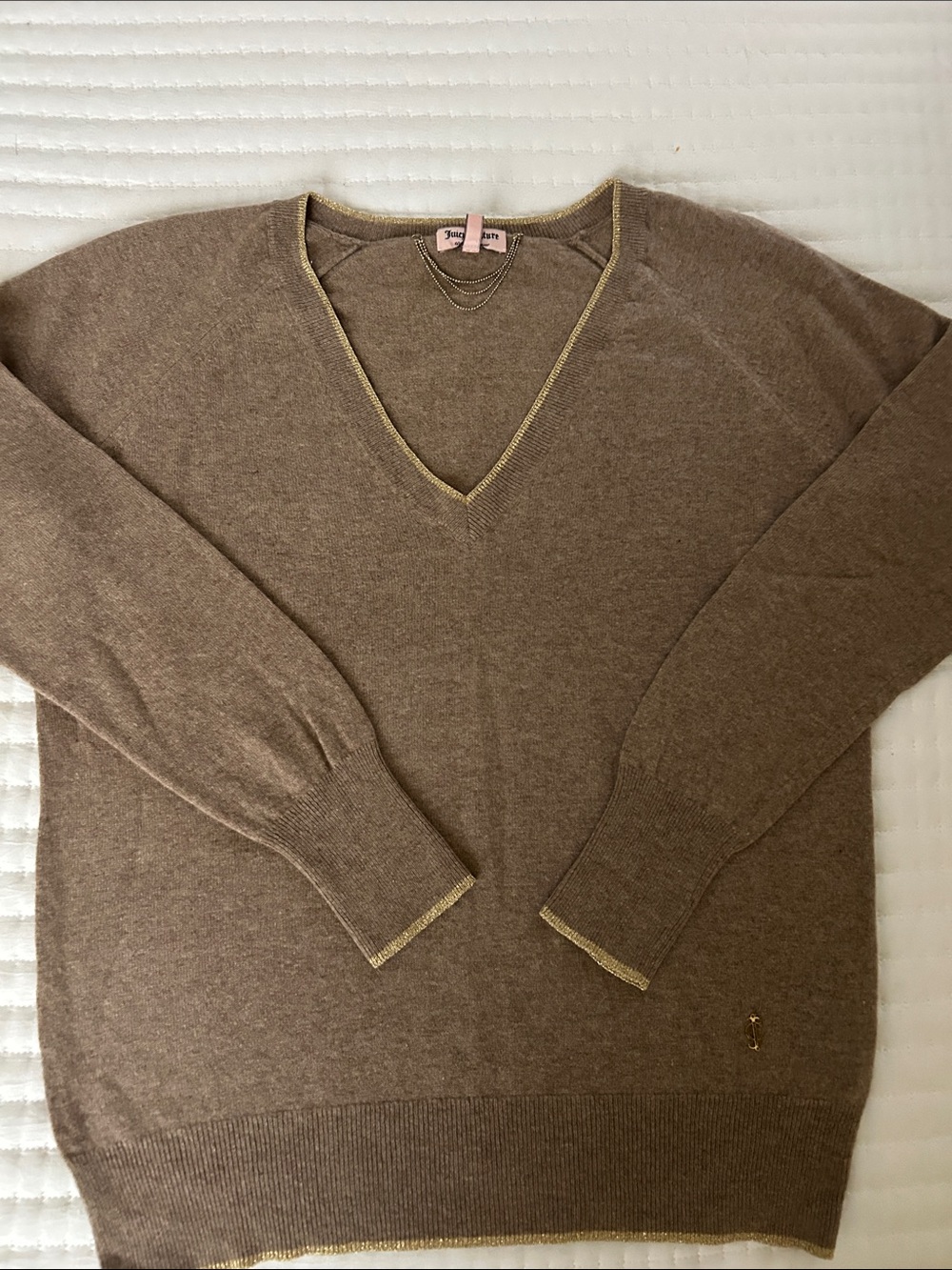 Women’s Taupe Cashmere V-Neck Sweater with Gold Trim